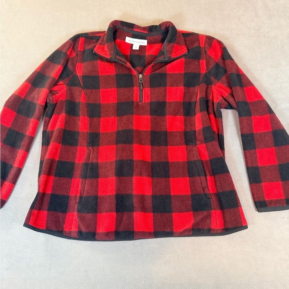 Red & Black Plaid Fleece Quarter Zip Long Sleeve Amazon Essentials Women’s- 1X
